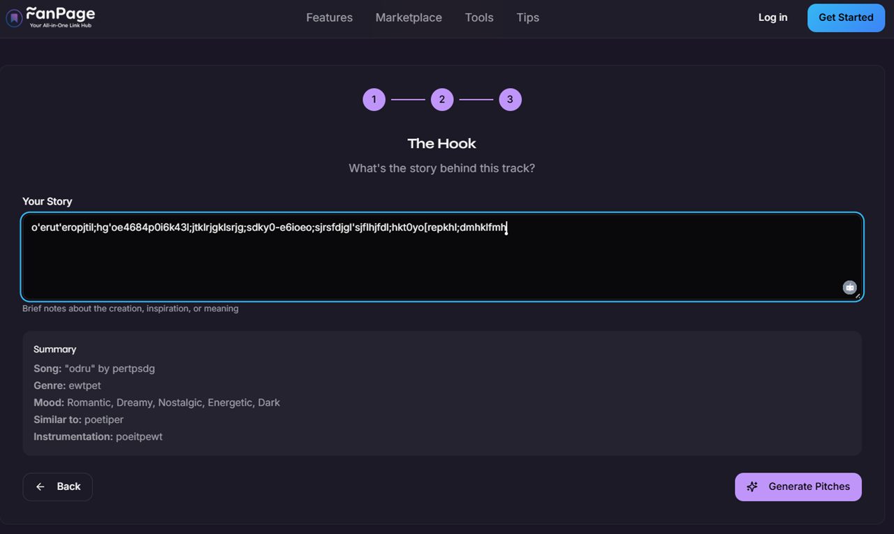 FanPage Spotify pitch generator — hook step
