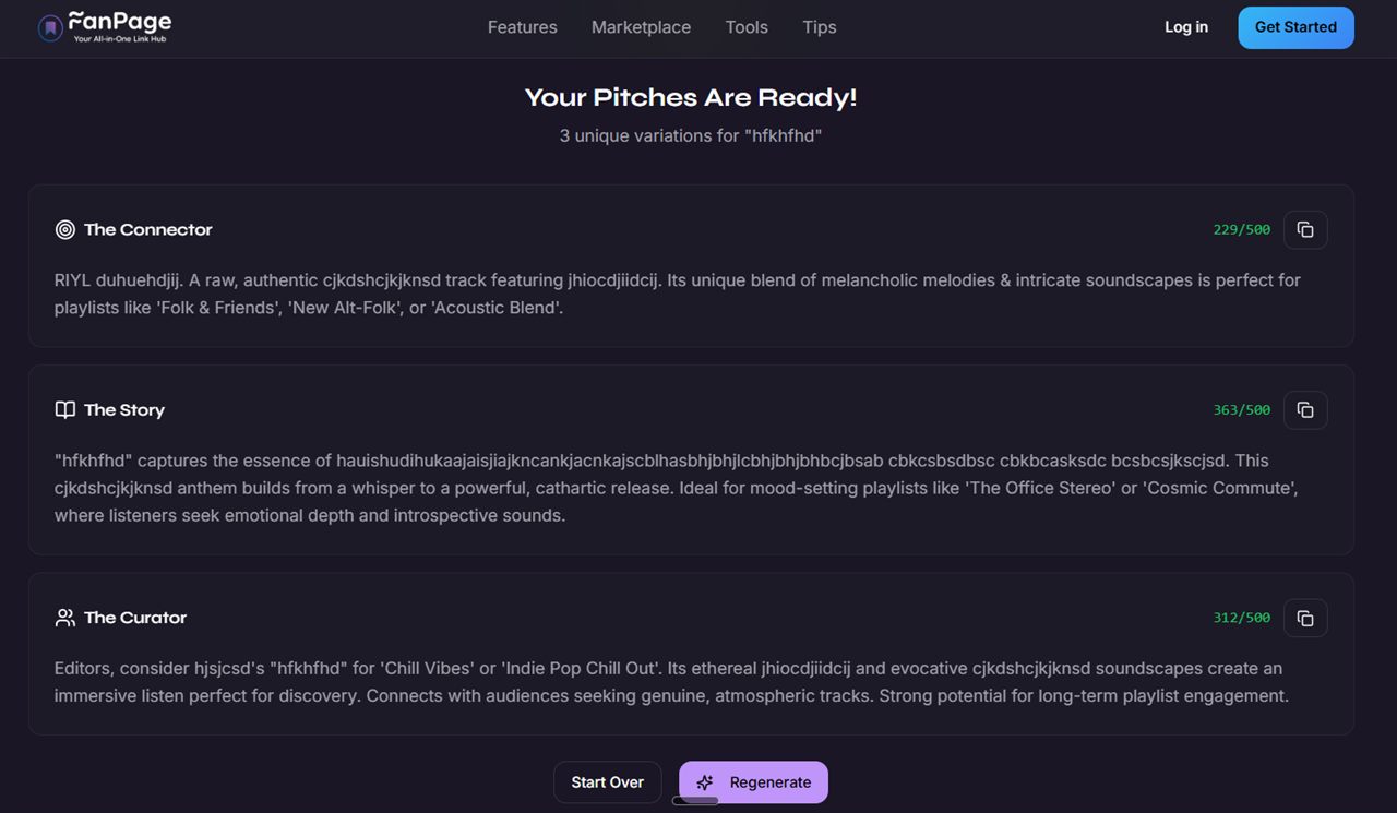 FanPage Spotify pitch generator — results output