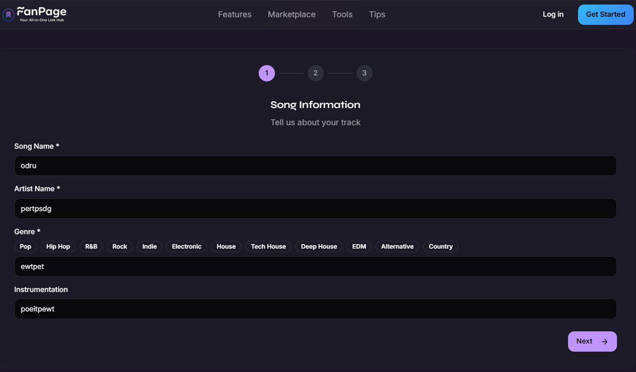 FanPage Spotify pitch generator — song information step