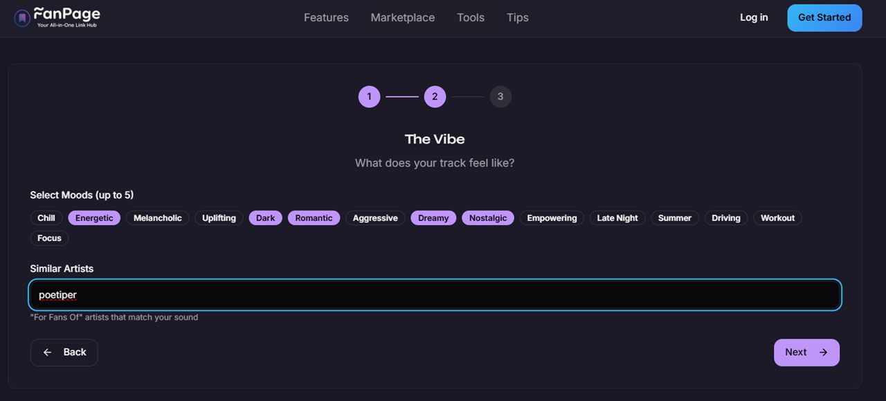 FanPage Spotify pitch generator — vibe selection step