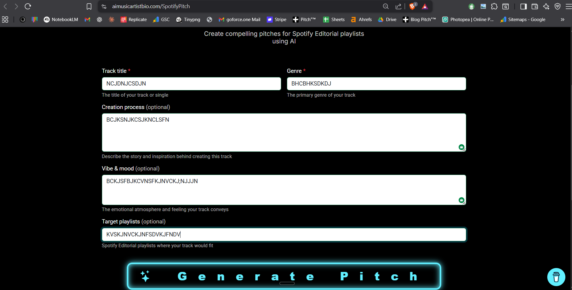 AIMusicArtistBio Spotify pitch generator — input form