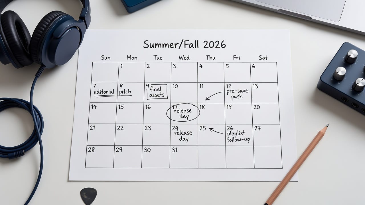 Printed 30-day release calendar for a 2026 music campaign on a studio desk with headphones and notes