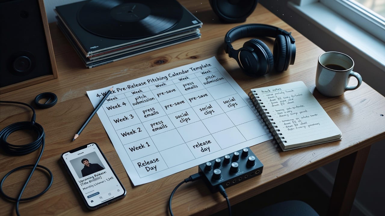 Printed 4-week pre-release pitching calendar template on a studio desk with release tasks and music gear