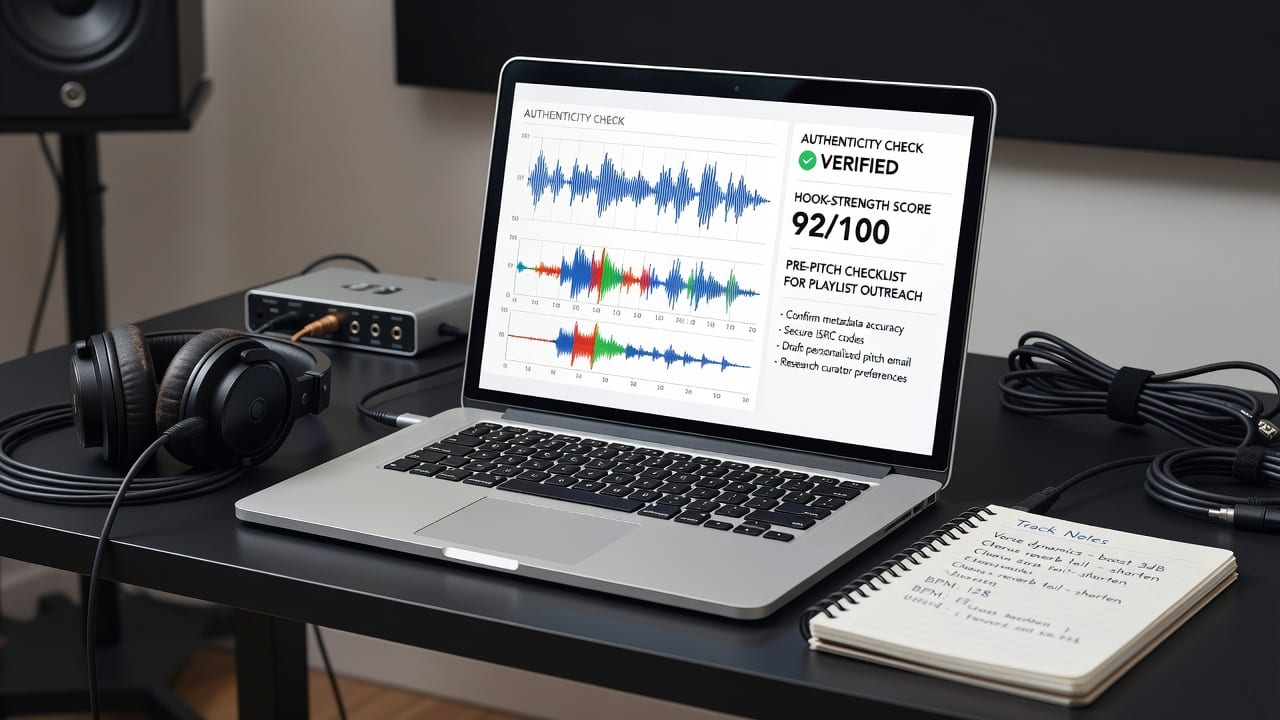 AI music checker dashboard analyzing a track waveform with authenticity and hook scores before Spotify pitching