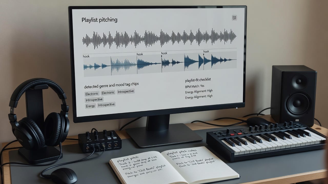 AI song finder dashboard analyzing a track waveform and playlist pitch notes in a home music studio workspace