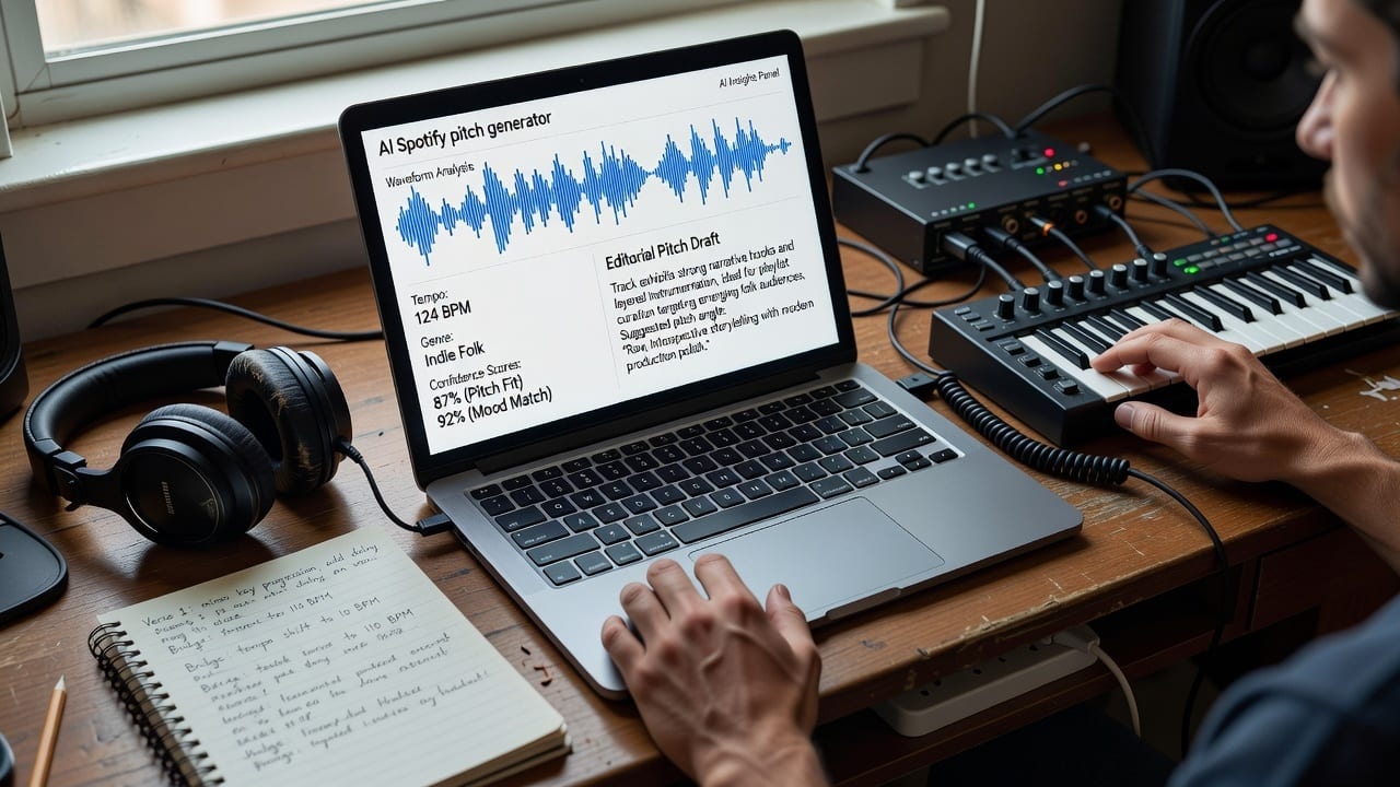 AI Spotify pitch generator analyzing a song waveform and drafting an editorial pitch in a home studio