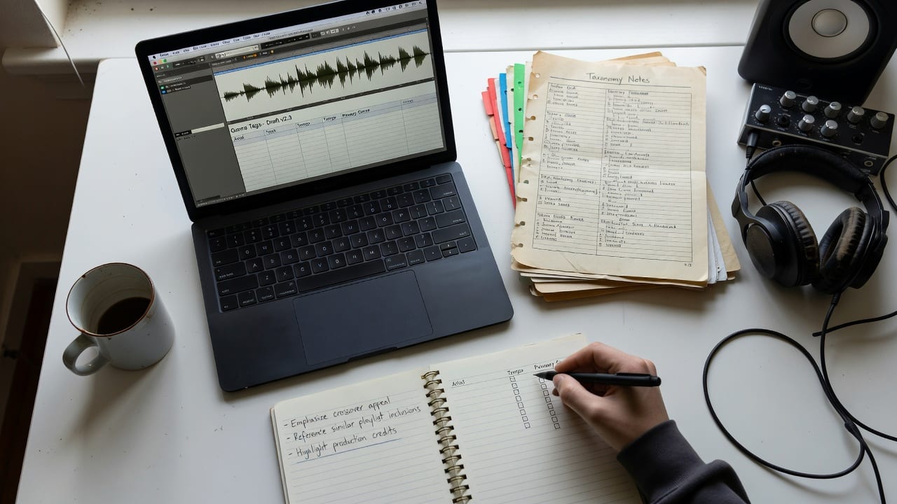 Workspace for artists genre detection with waveform analysis, taxonomy notes, and editorial pitch planning.