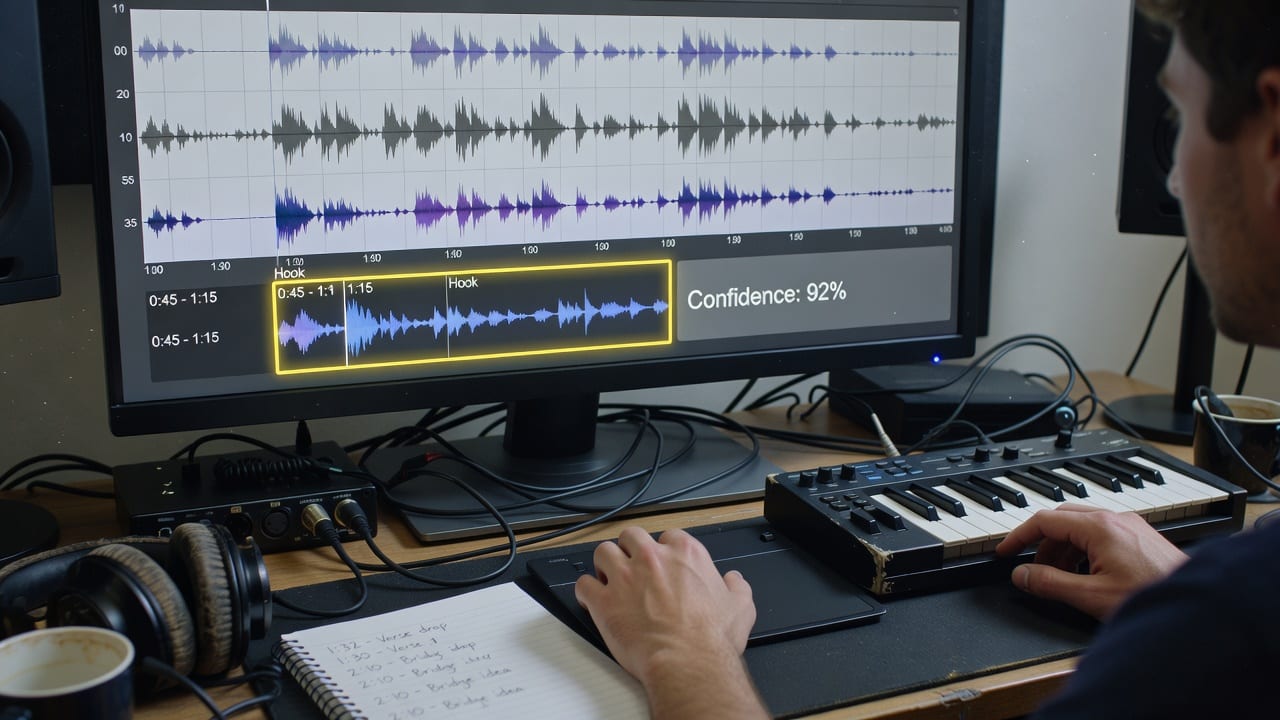 Producer reviewing an audio waveform to find the best 30 seconds of song for TikTok algorithm performance.