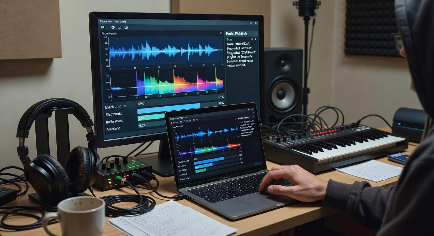 Music producer reviewing waveform analysis in one of the best AI genre detection tools for playlist pitching.