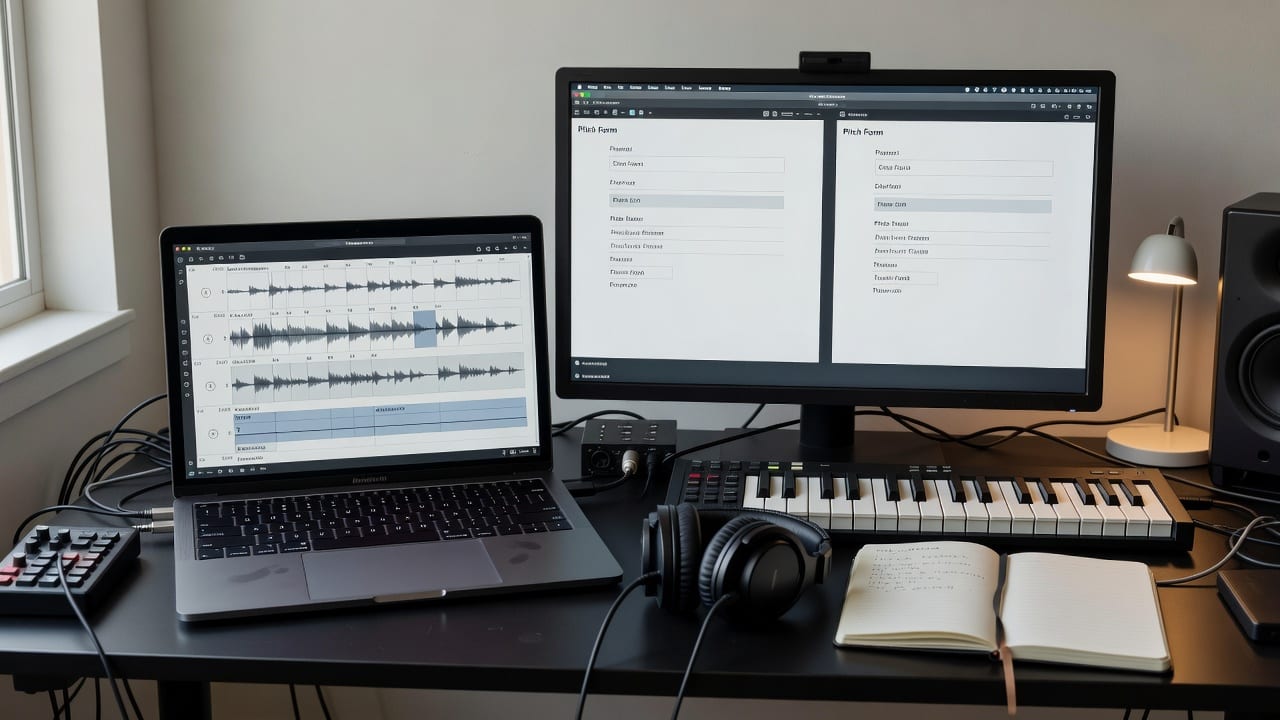 Home studio screen comparing best AI tools for independent artists 2026 with waveform analysis and pitch forms.