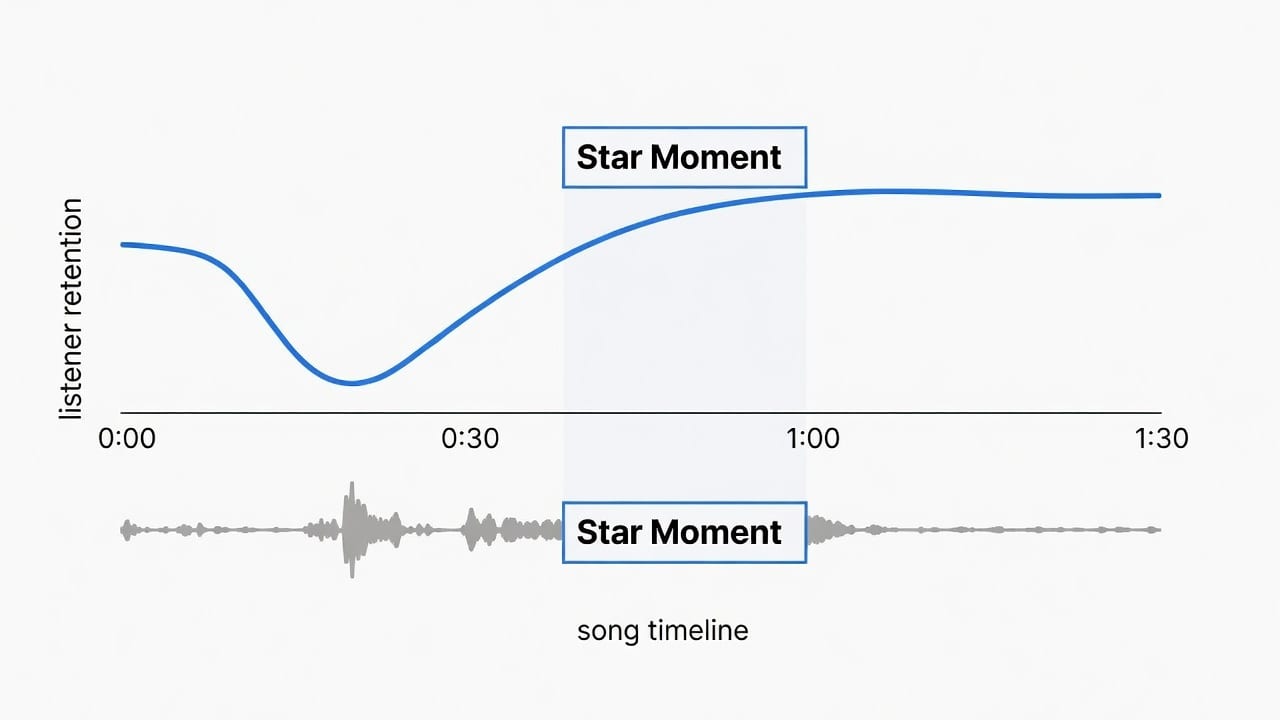 Diagram of an audio engagement curve highlighting the best part of song for TikTok algorithm in a 30-second hook.