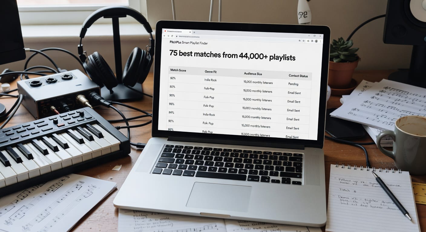 PitchPlus Smart Playlist Finder ranking the best playlist for Spotify pitches on a musician’s studio desk