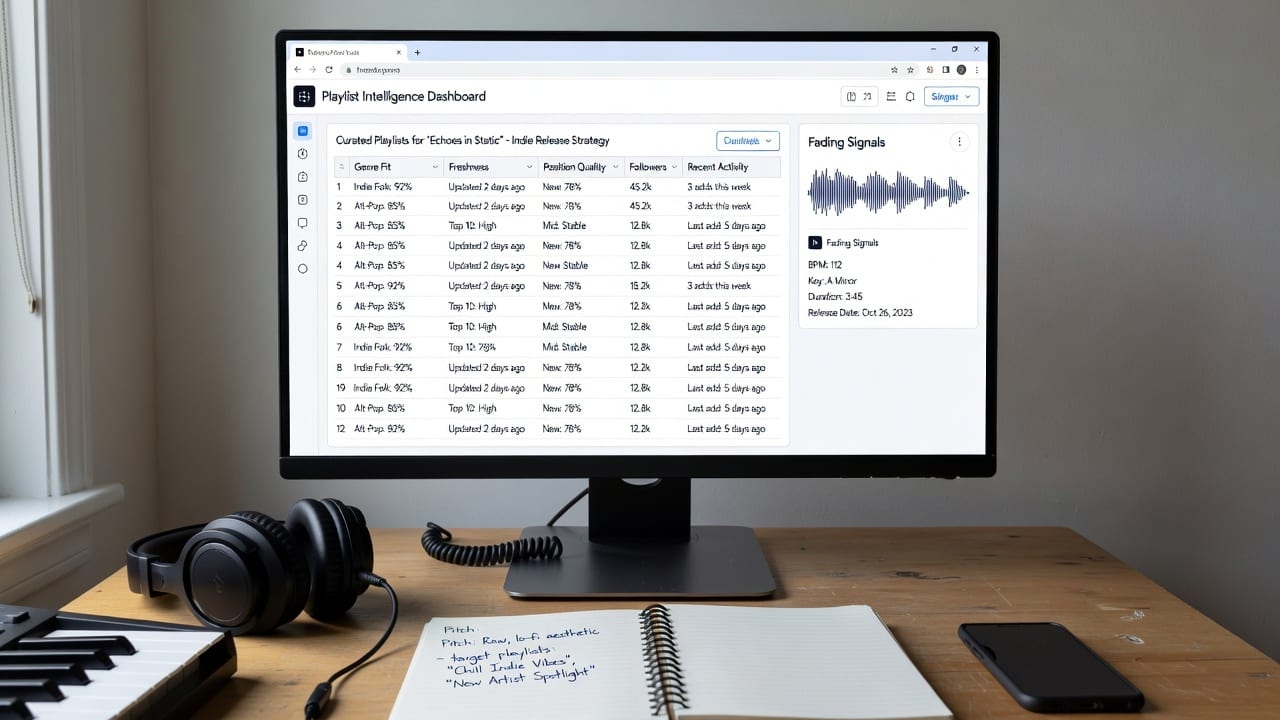 Monitor showing a playlist intelligence dashboard used to find the best playlists for my song
