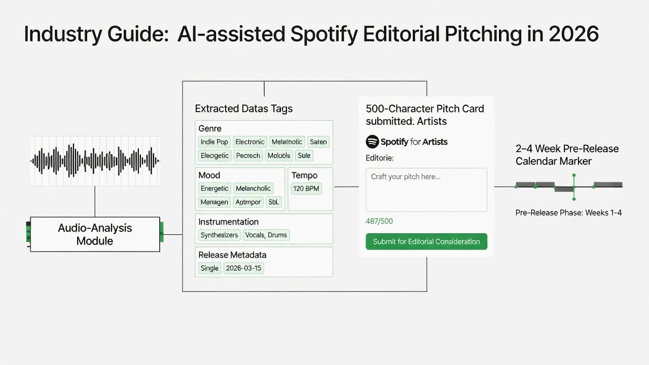 Diagram explaining can I use AI for Spotify pitching with audio analysis, metadata tags, and editorial submission steps