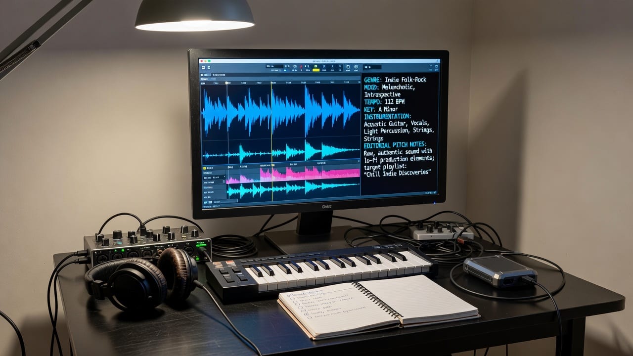 Studio workstation checking song metadata against waveform and genre tags before a Spotify editorial pitch