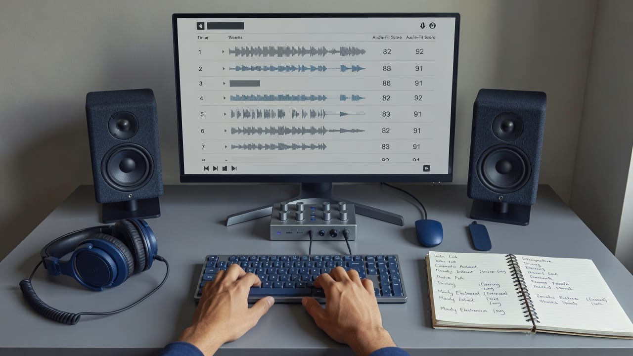 Playlist curators reviewing track rows and audio scores on a studio desk before pitching indie songs