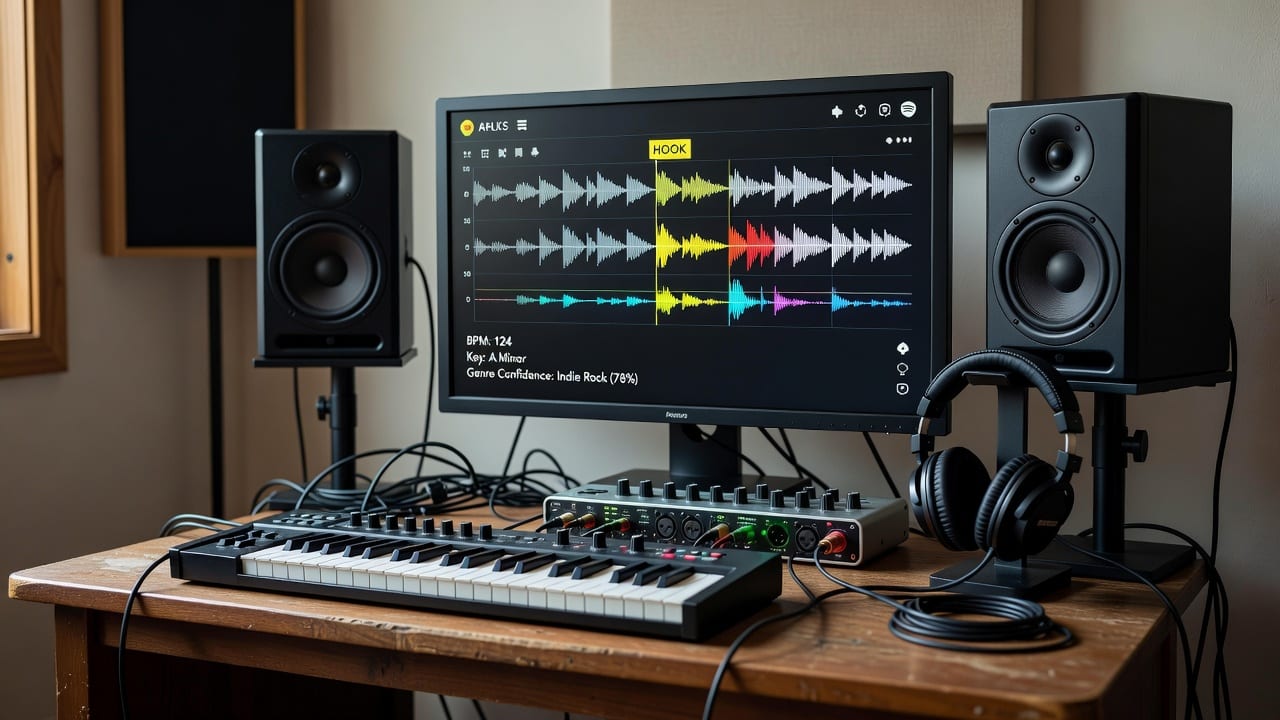 Music studio workstation showing detector songs analysis with waveform, genre tags, BPM and key on a monitor.