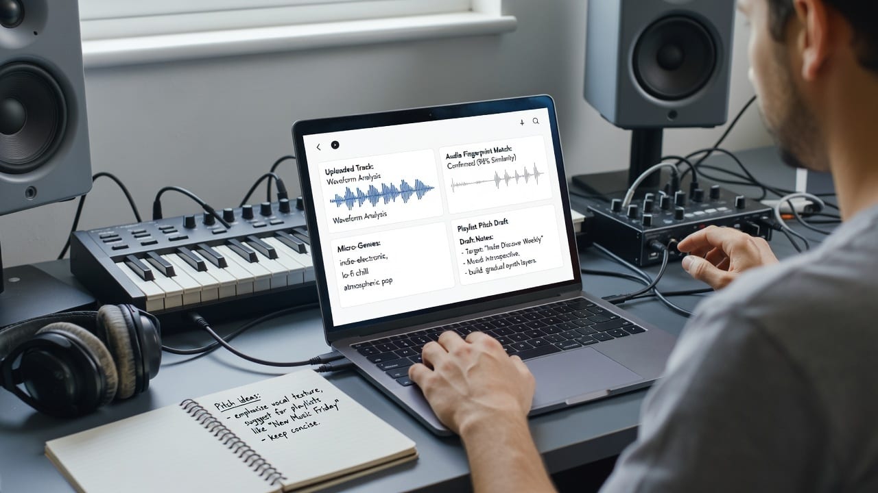 Producer using audio identification software to find a music match, analyze genres, and draft a playlist pitch.