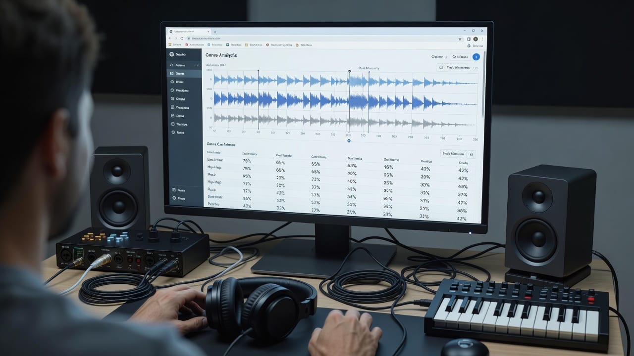 Studio monitor showing audio waveform and genre analysis used to find song by audio for playlist pitching