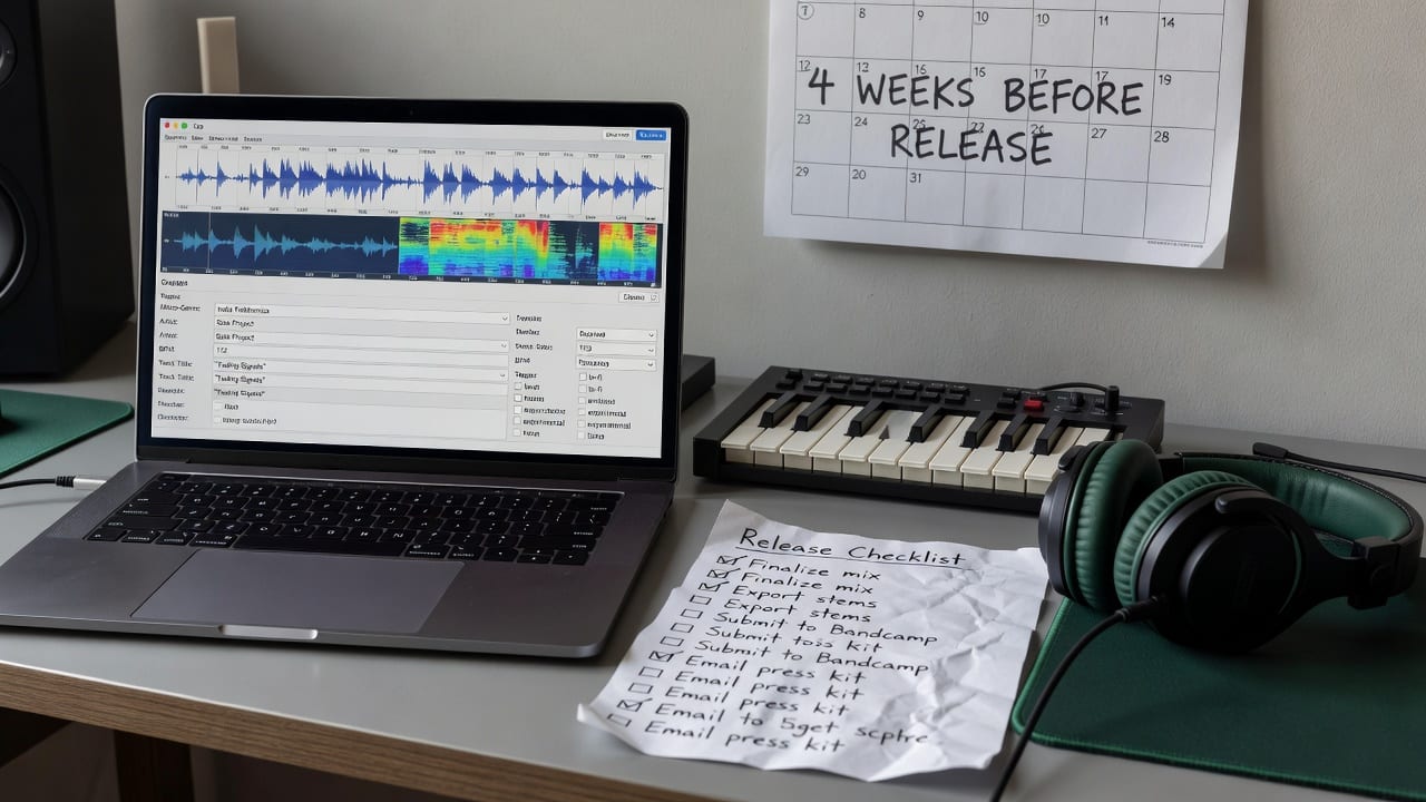 Laptop showing audio analysis and micro-genre tags for a genre on Spotify editorial pitch workflow