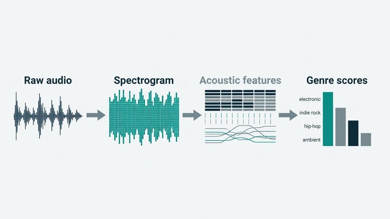 Diagram of how AI detects music genres from audio with waveform, spectrogram, feature extraction, and genre scores.