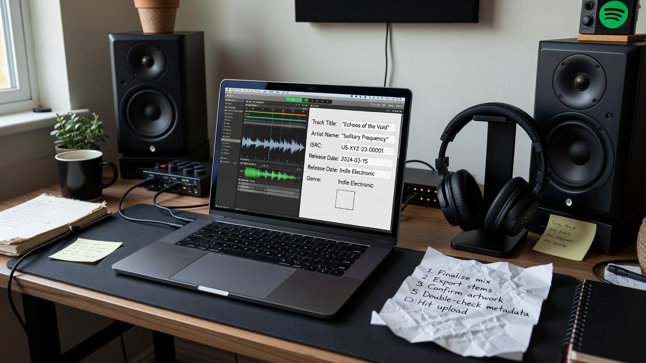 Home studio laptop with waveform analysis and metadata checklist for how can I upload a song to Spotify