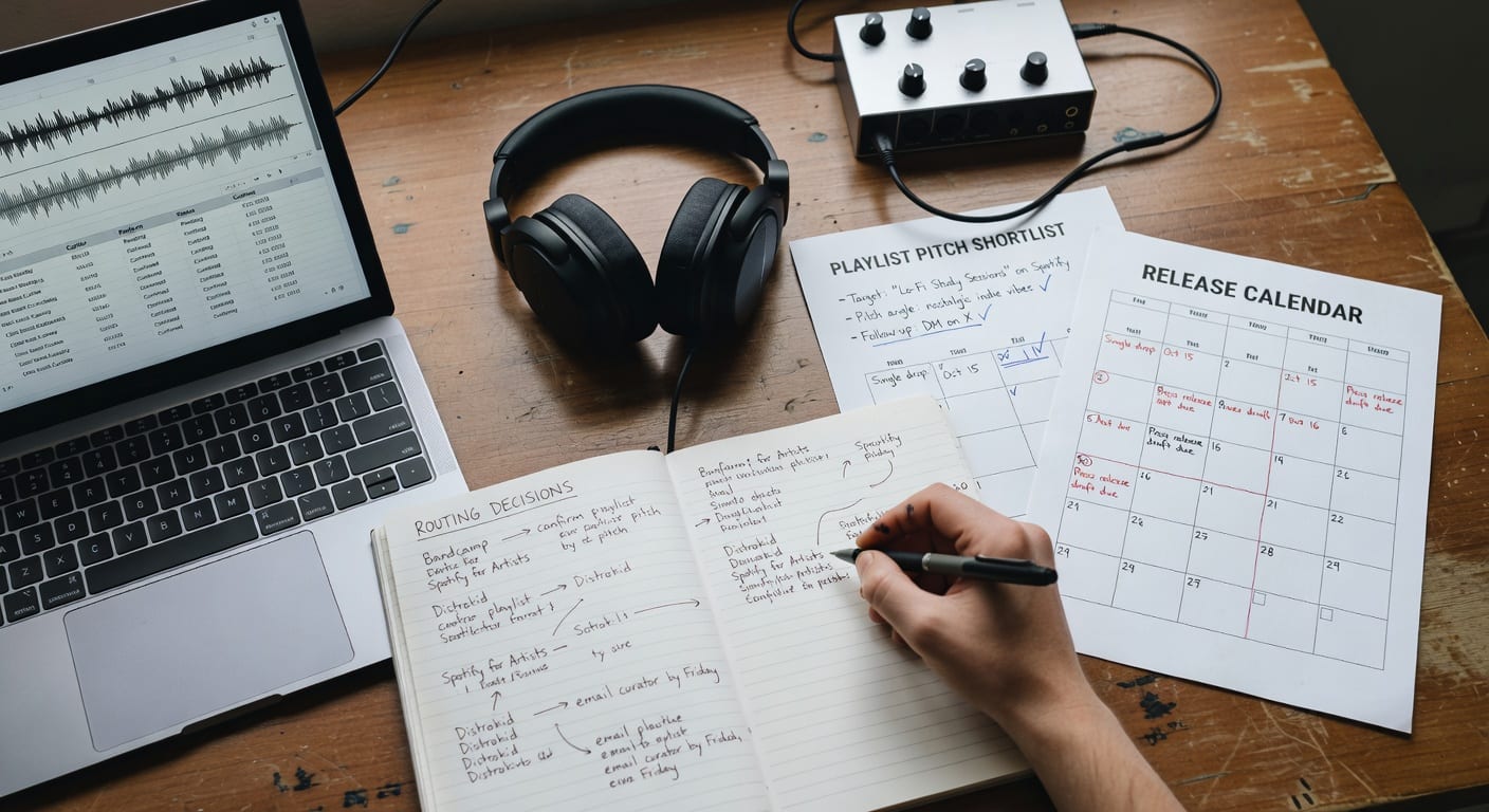 Indie release strategy desk with playlist platform routing notes, audio waveform, curator list, calendar and headphones.