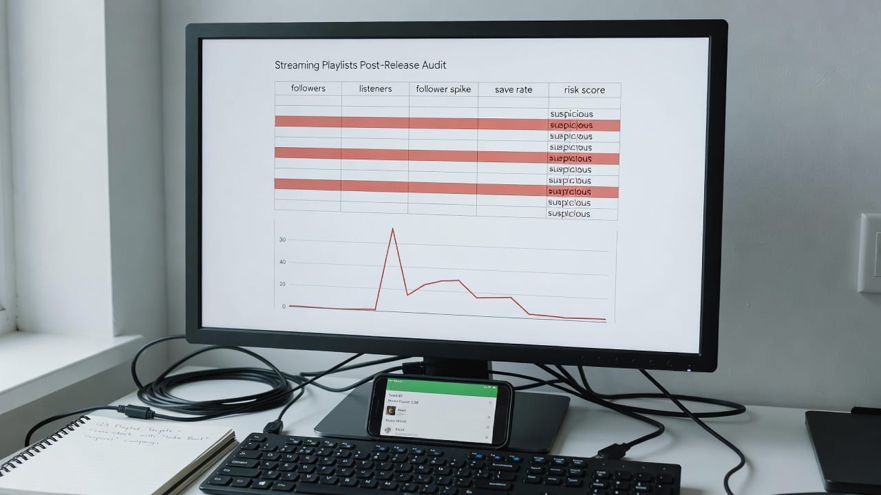 Analytics dashboard showing playlist follower spikes and risk flags for how to detect fake Spotify playlists