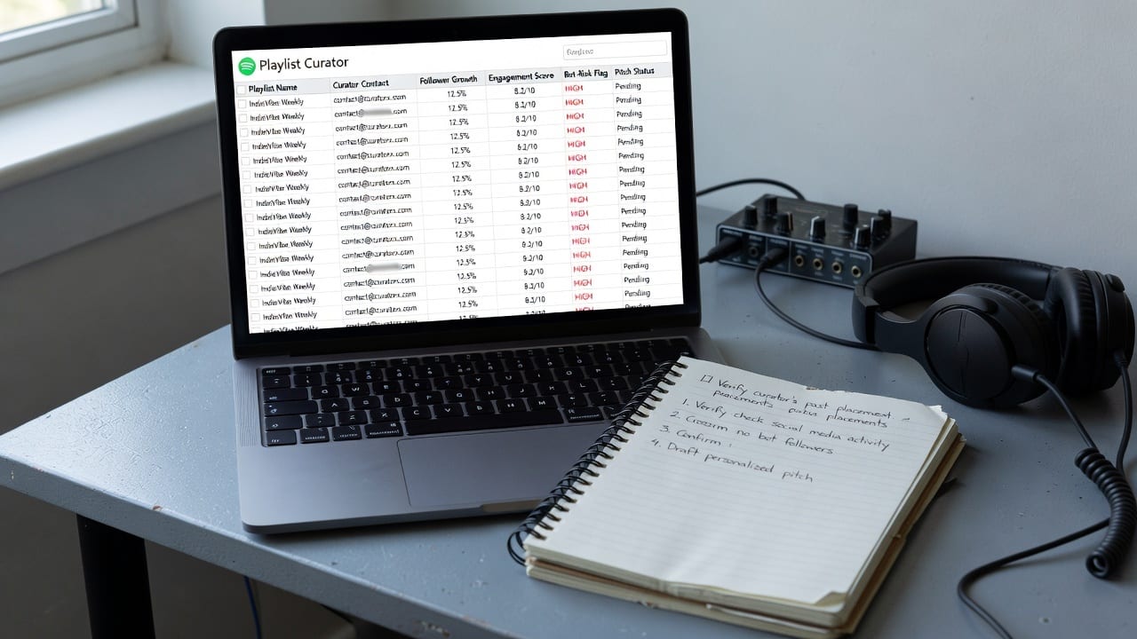 Laptop showing a curator verification spreadsheet for how to find Spotify playlist curators contact info