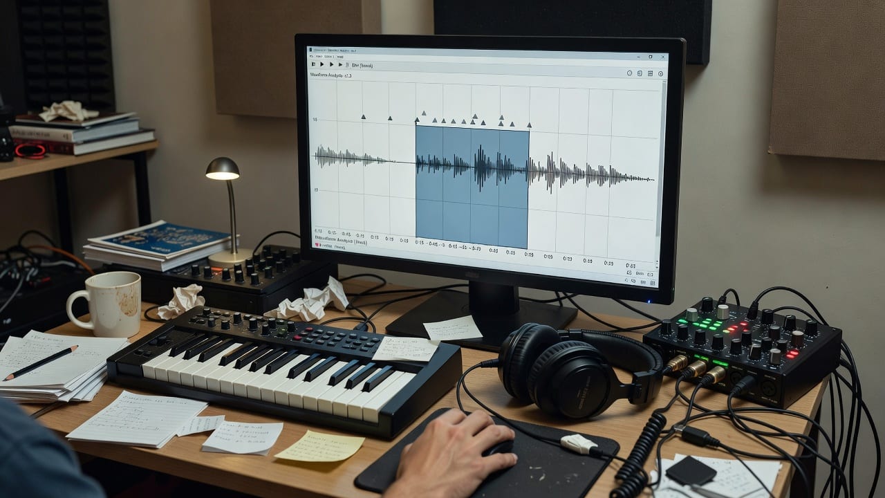 Audio analysis screen showing how to find viral hooks in songs with a highlighted 30-second waveform.