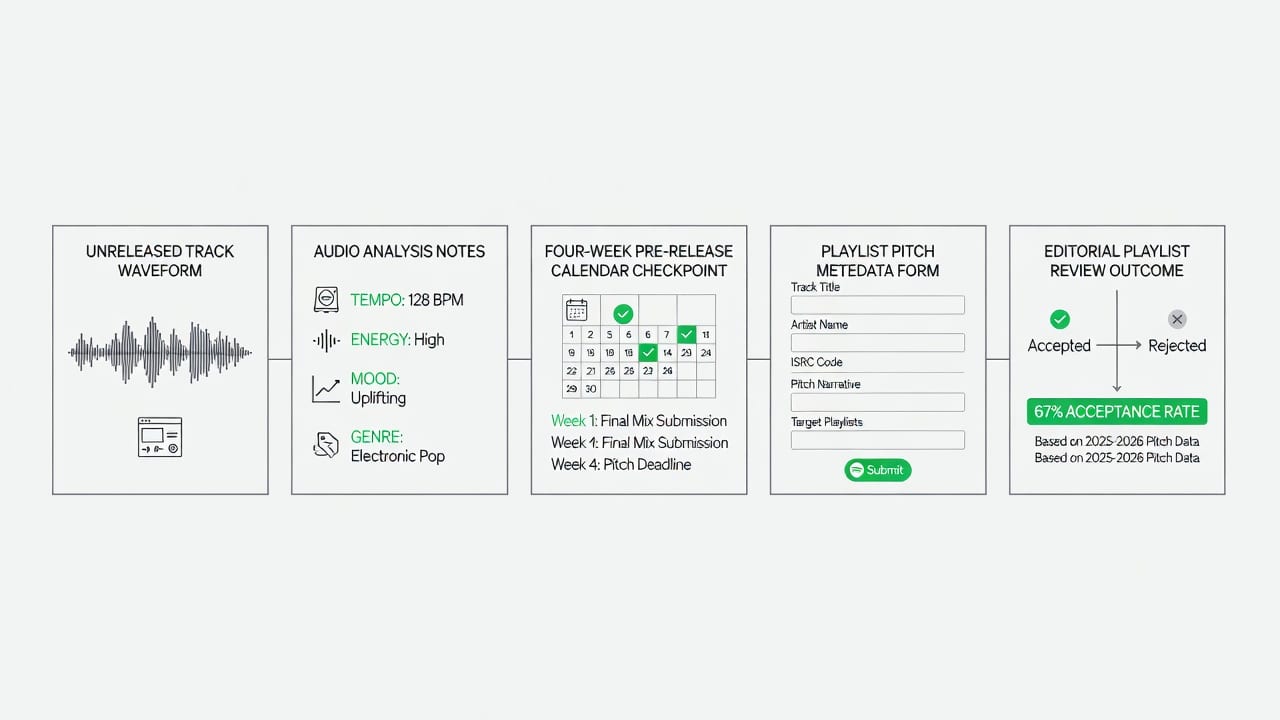 Workflow diagram showing how to get on Spotify editorial playlists with audio analysis and a four-week pitch timeline