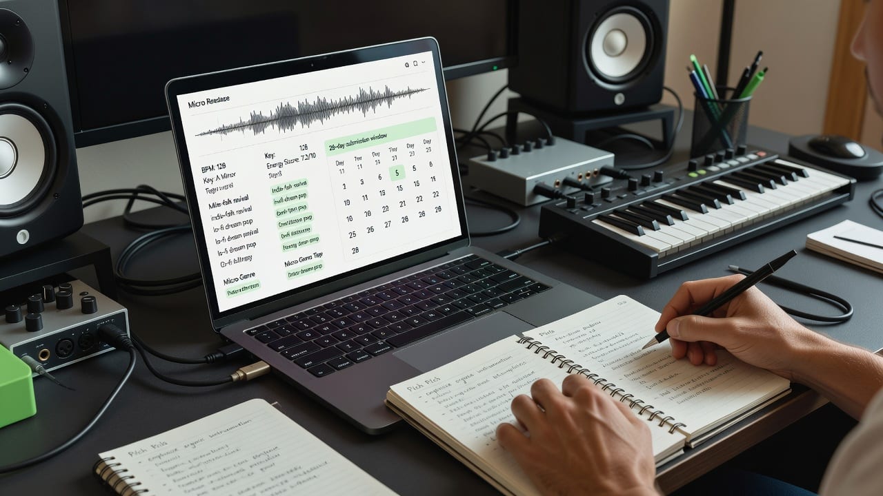 Studio desk with audio analysis, metadata tags, and release calendar for how to improve Spotify pitch acceptance rate