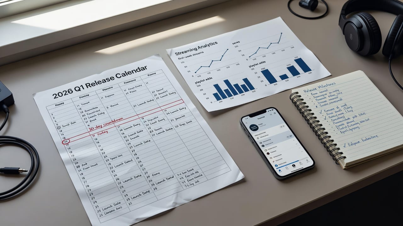 Workspace showing how to plan a music release strategy with a 2026 calendar, KPI charts, and release milestones.