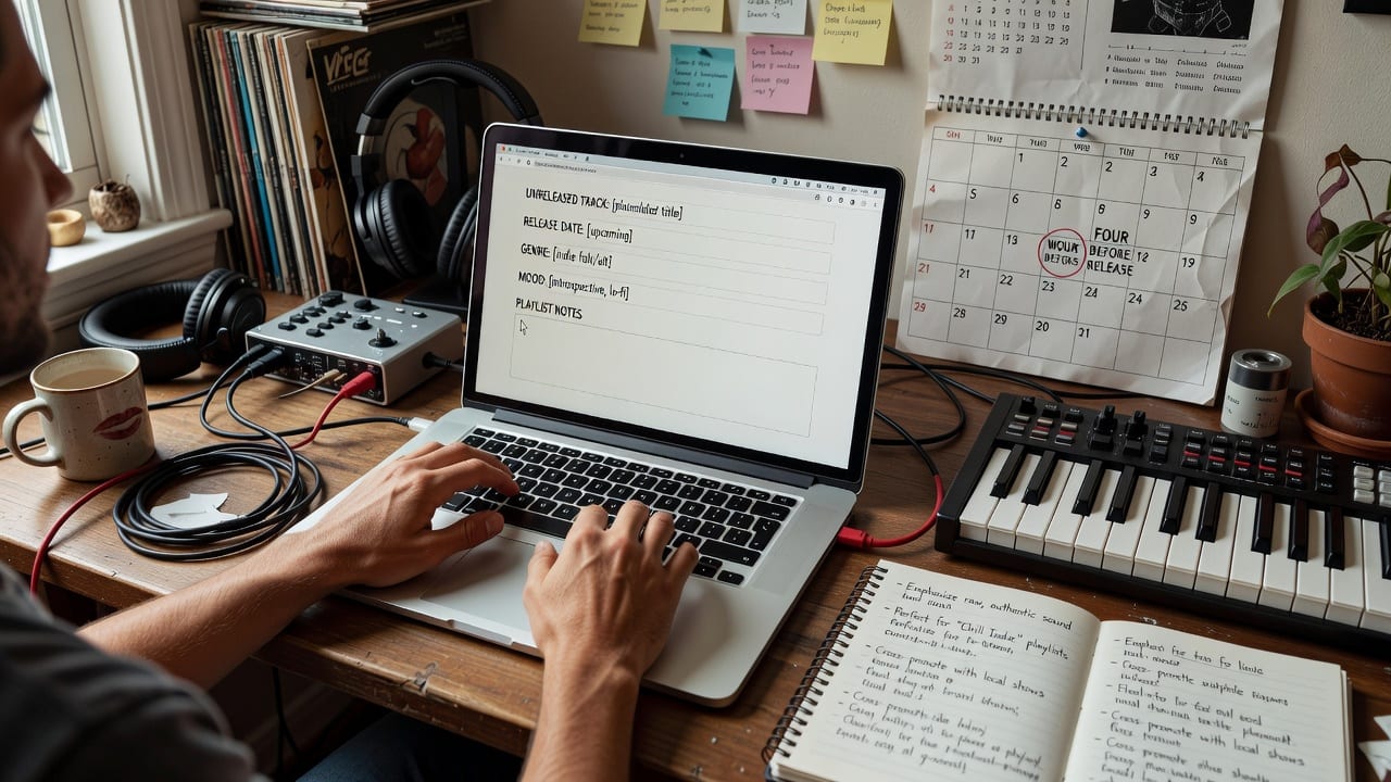 Indie artist planning how to submit music to Spotify playlists with a release calendar and analytics dashboard