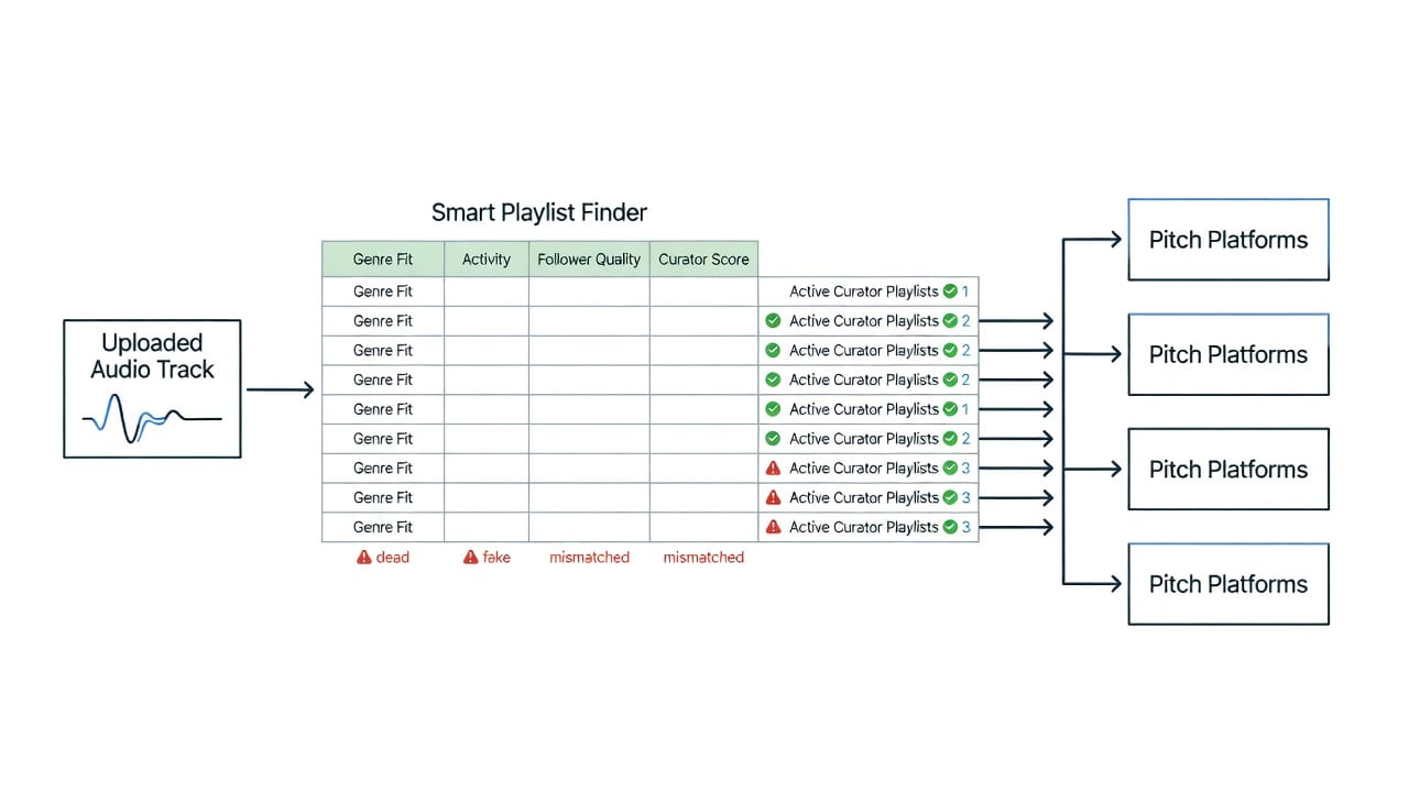 Diagram showing how to use a smart playlist finder to filter fake playlists before curator pitching