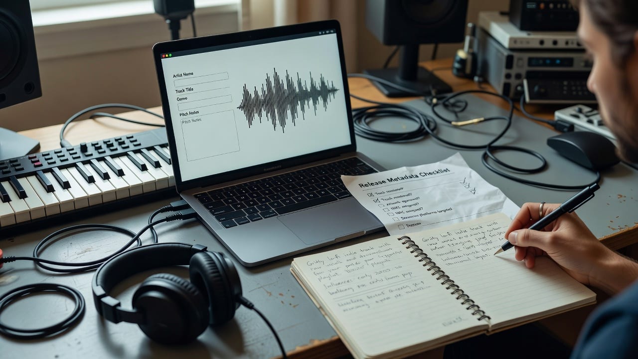 Desk setup for how to write a Spotify editorial pitch, with a pitch draft, audio waveform, and release checklist.