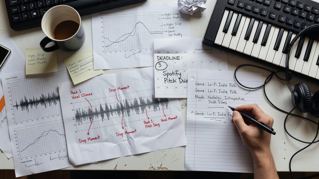 Release-planning desk with waveform notes and calendar for how to write a Spotify editorial pitch that gets accepted