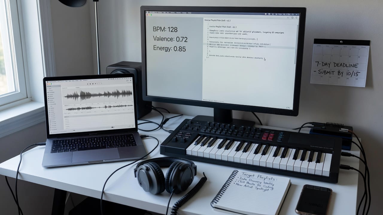Indie artist desk with audio metrics and pitch draft for how to write a winning Spotify editorial pitch