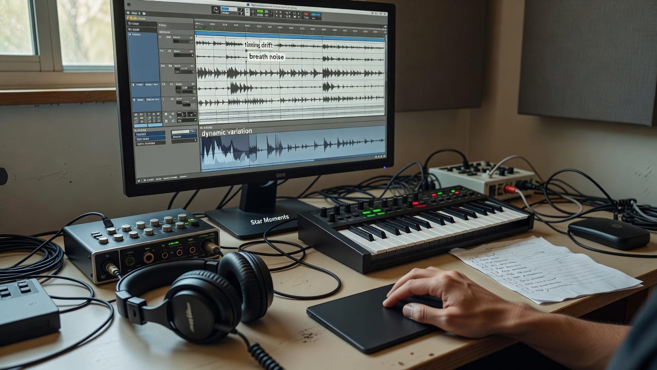 Audio engineer reviewing vocal waveforms to answer “is this song AI” before a Spotify editorial pitch.