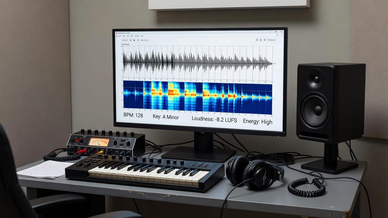 MP3 song identifier workstation showing waveform, spectrogram, BPM, key and energy analysis on a studio monitor