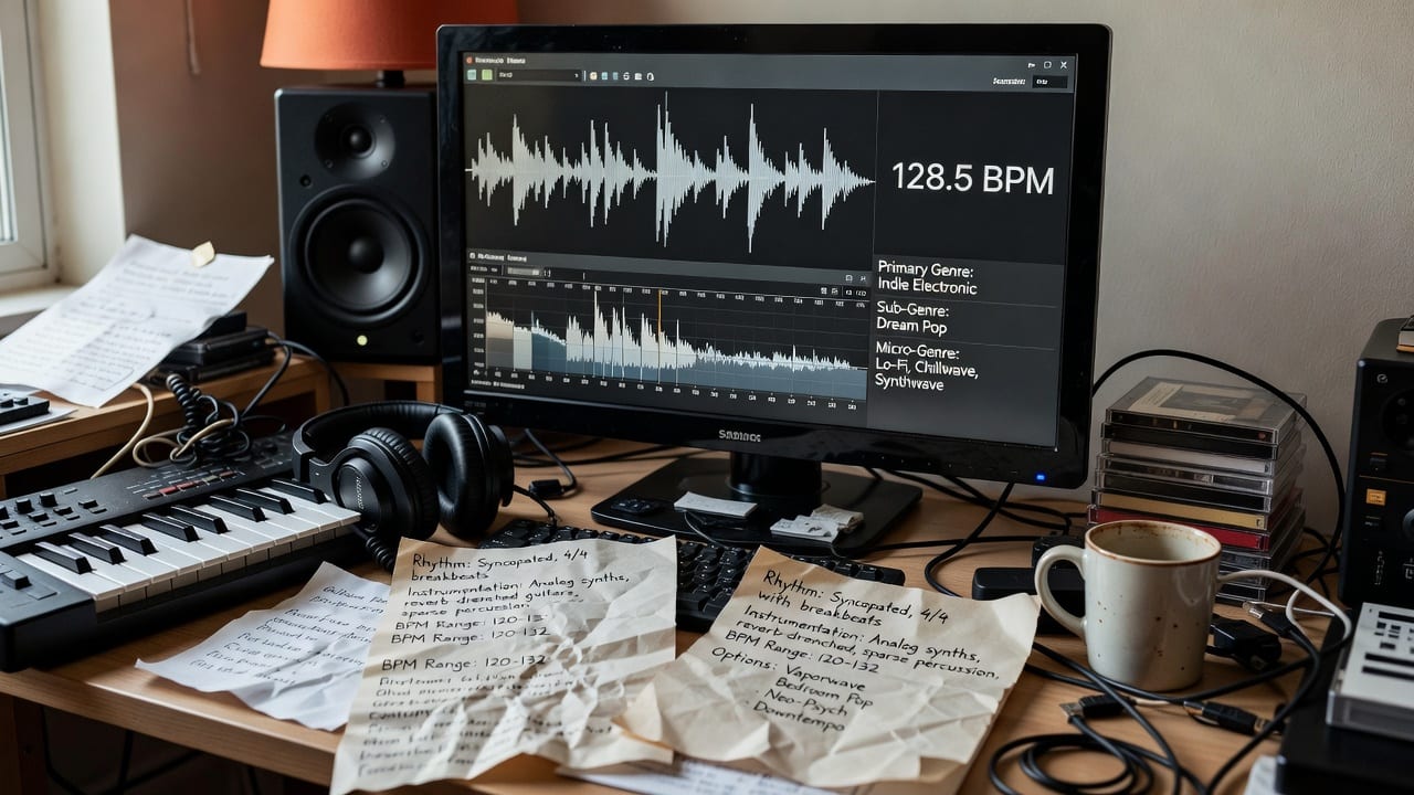 Producer reviewing waveform, tempo, and genre tags for accurate music genre identification before playlist pitching