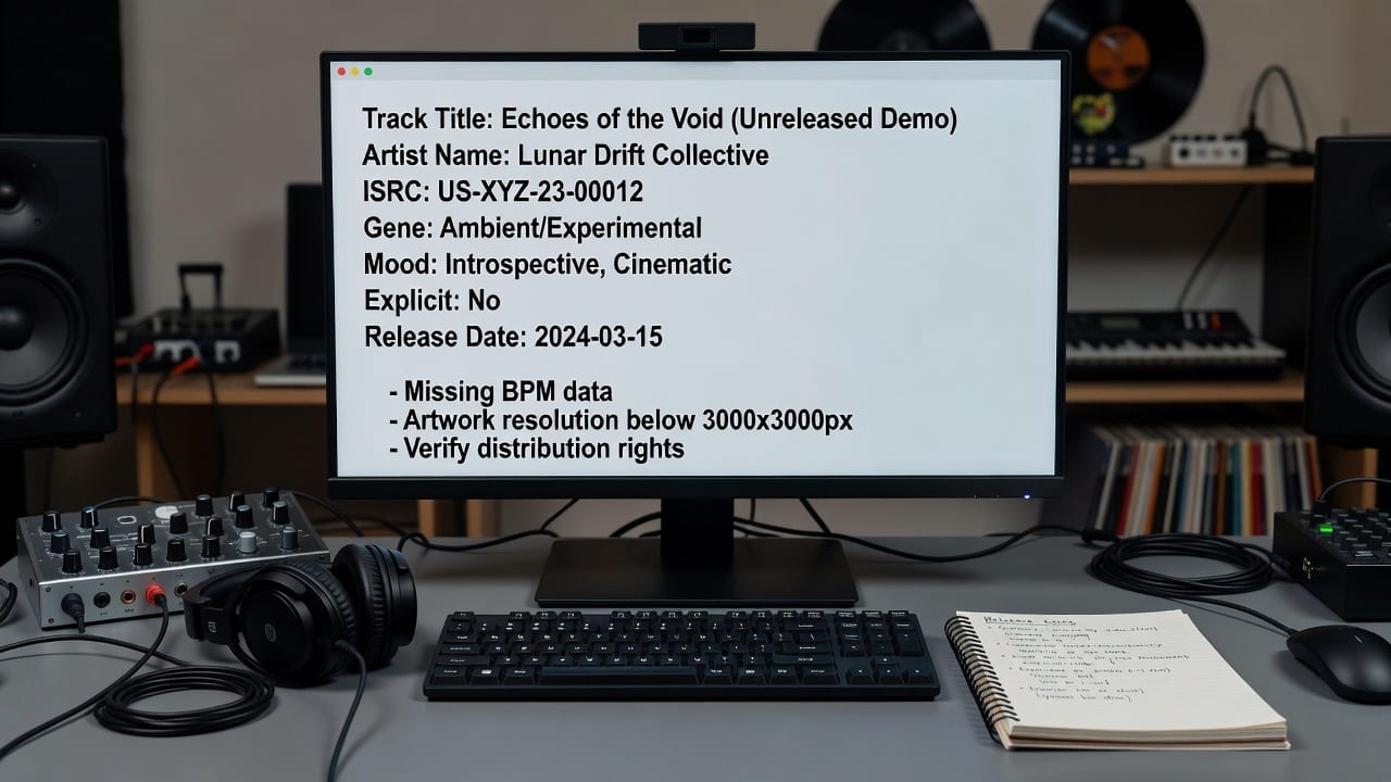 Music metadata analyzer dashboard reviewing track tags and release fields before a Spotify launch.