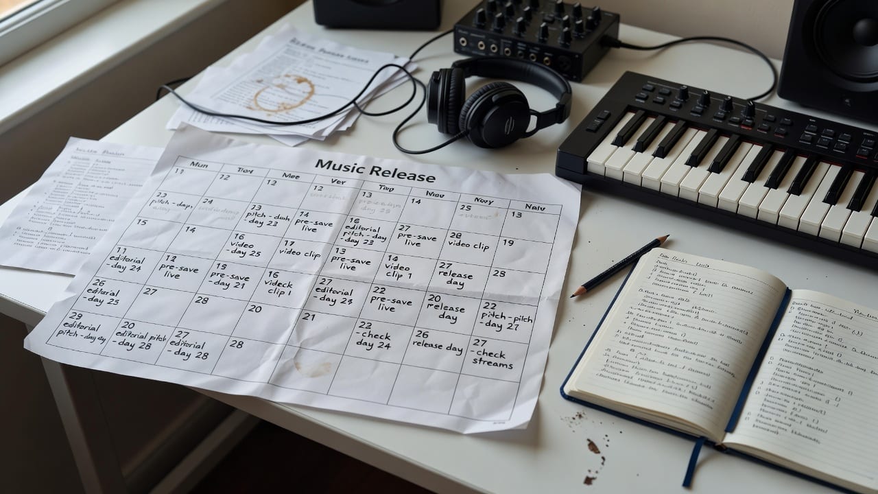 Printed 30-day music release strategy calendar on a musician’s desk with headphones, MIDI keyboard, and notes.