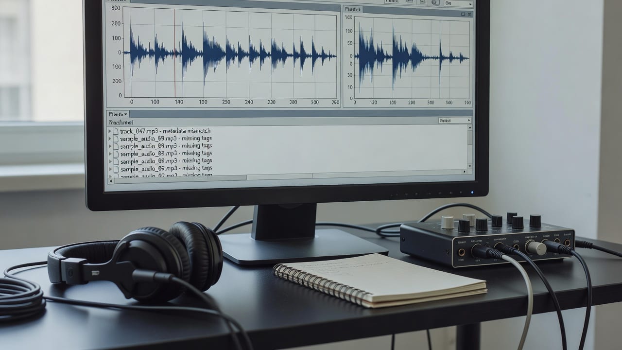 Music search by MP3 on an audio analysis workstation with waveform, spectrogram, and mismatched tag panel.
