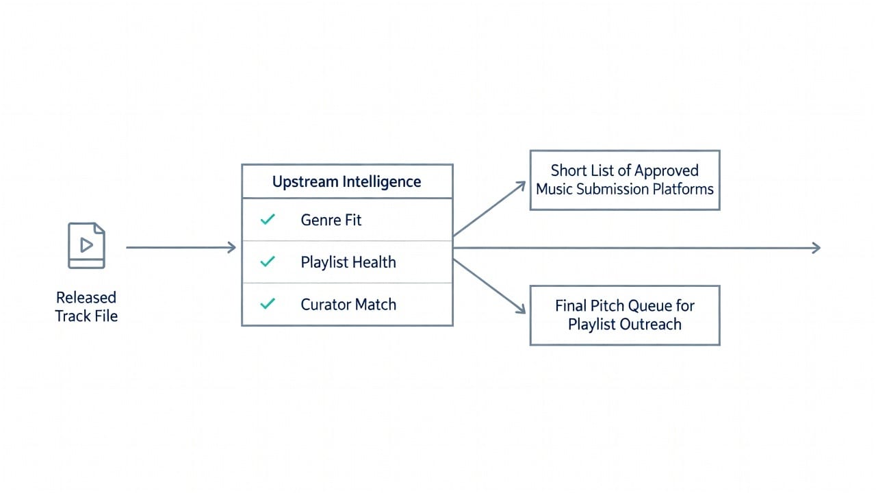 Diagram of upstream filtering before pitching songs on music submission platforms for indie playlist placement.