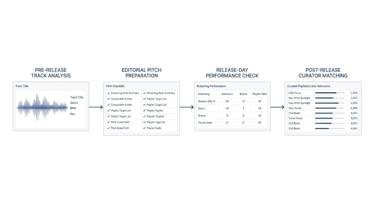 Clean workflow diagram for pitching music to playlists before and after release using track analysis and curator matching.