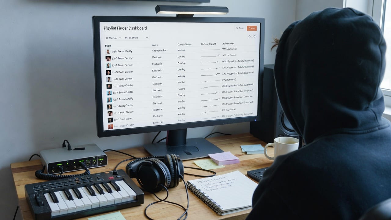 A playlist finder dashboard on a studio monitor showing curator scores beside an audio keyboard and headphones
