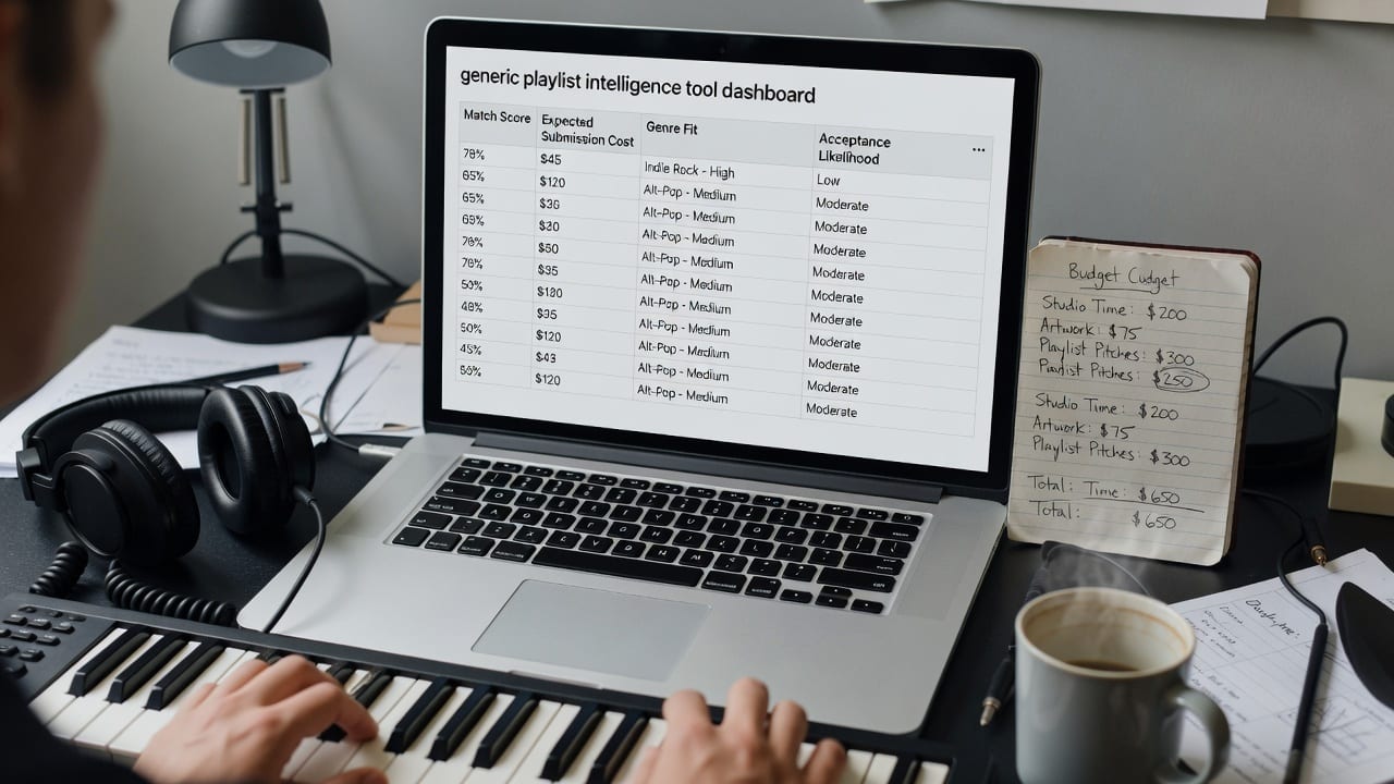Playlist intelligence tool dashboard scoring curator fit, freshness, position, and bot risk on an indie artist desk.