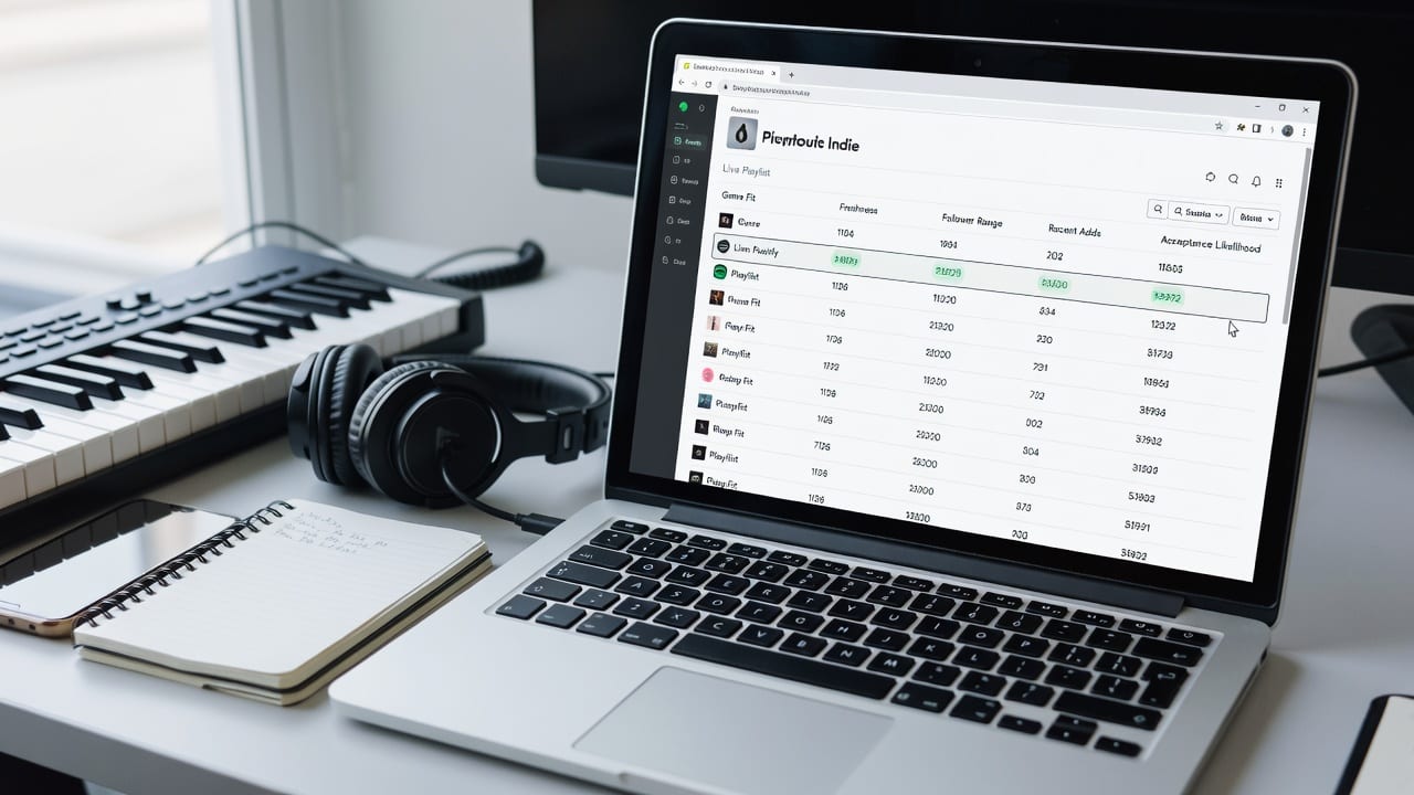 Laptop showing a playlist matching tool ranking live playlists by genre fit and freshness for indie music promotion.