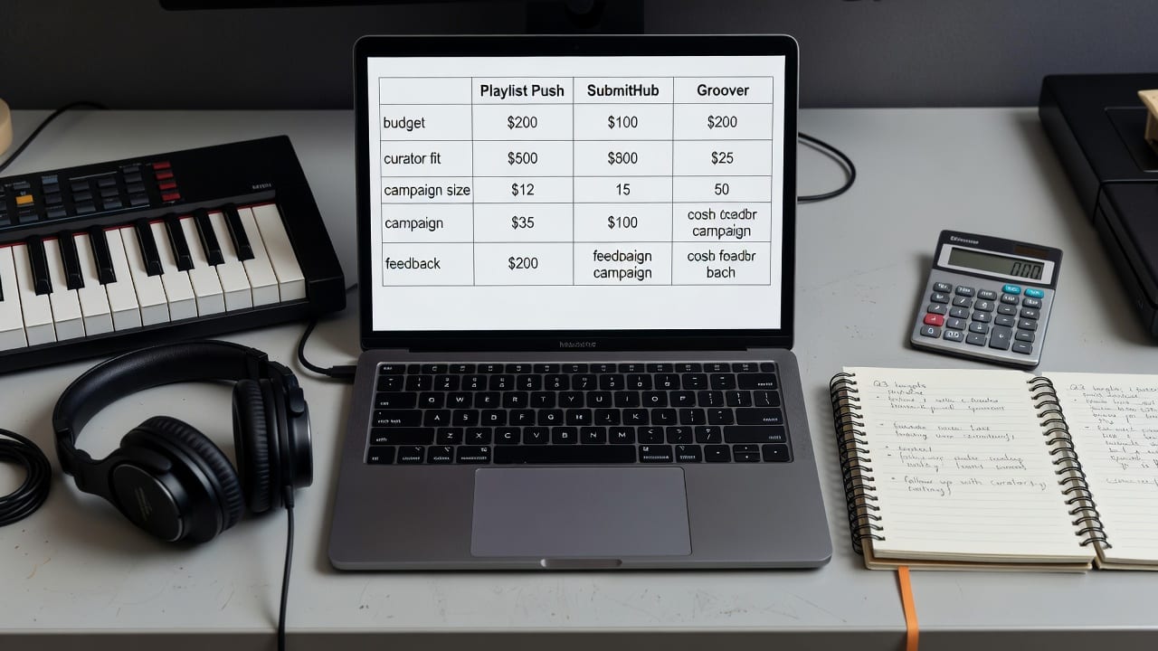 Laptop showing a budget comparison for Playlist Push, SubmitHub, and Groover on an indie music desk